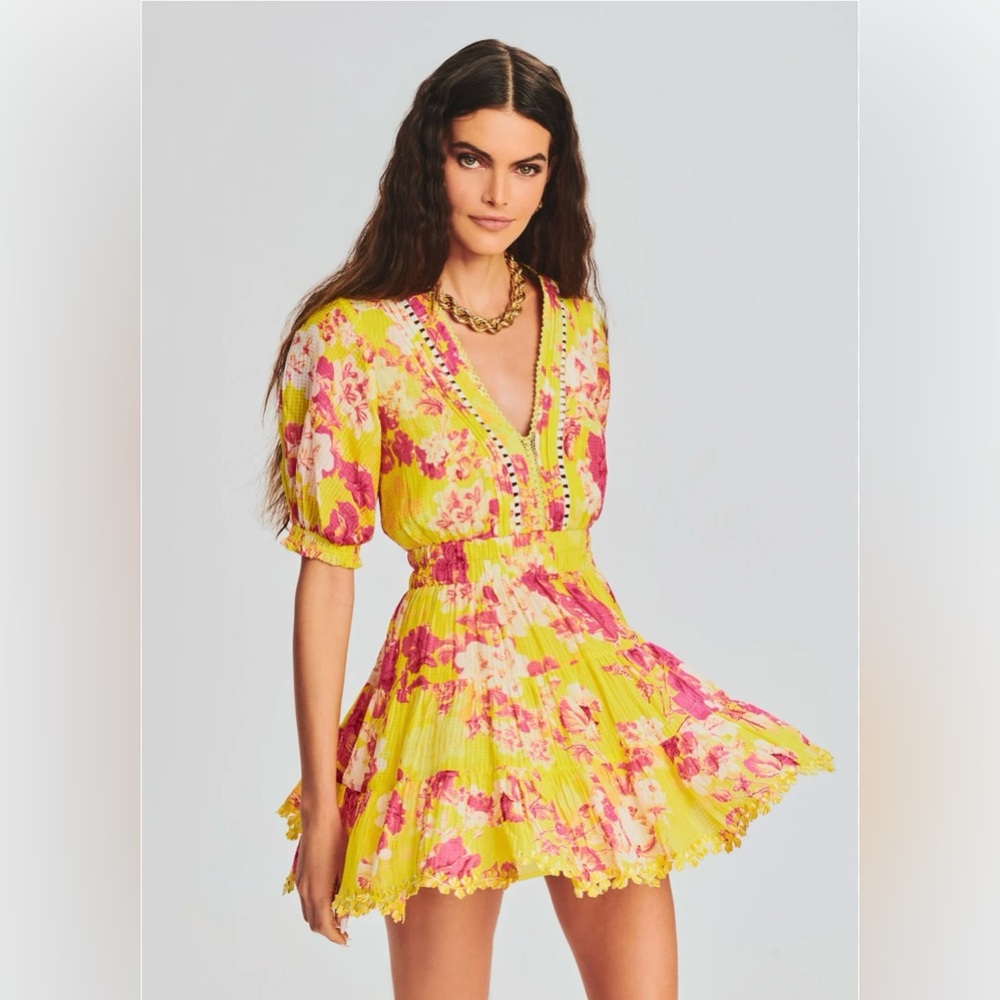 HEMANT & NANDITA Bright Yellow Dress with Pink Floral Design